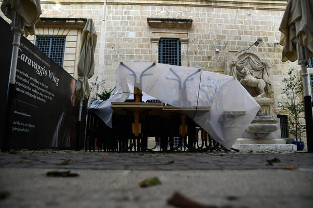 (210305) -- VALLETTA, March 5, 2021 -- Photo taken on March 5, 2021 shows closed dining area of a restaurant in Valletta, Malta. Malta has ordered the closure of the country s restaurants along with clubs, bars and places of entertainment until April 11 in a raft of measures to contain the spread of COVID-19, Prime Minister Robert Abela said on Thursday. (Photo by Xinhua) MALTA-VALLETTA-COVID-19-MEASURES JonathanxBorg 
