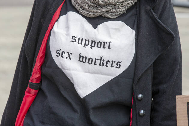 A demonstration organized by the UTSOPI collective to protest against the closure of sex work activities, Sunday 07 March 2021, in Brussels.  NICOLASxMAETERLINCK 2658072