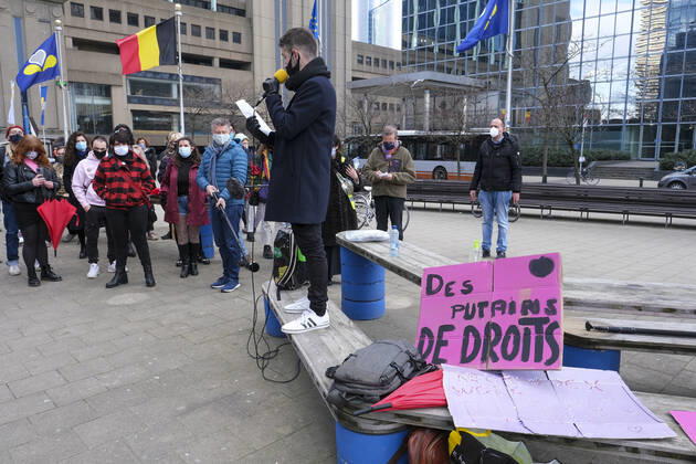 A demonstration organized by the UTSOPI collective to protest against the closure of sex work activities, Sunday 07 March 2021, in Brussels.  NICOLASxMAETERLINCK 2658079