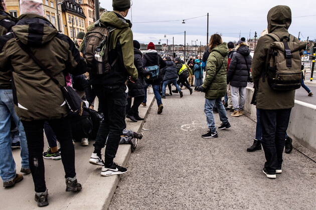 Hundreds of people had gathered in central Stockholm to protest against the coronavirus restrictions set by the Swedish government Saturday 6 March 2020 Six police officers we  Copyright: xBYRMOxCAROLINA Aftonbladetx Anti-covid freedom march Stockholm