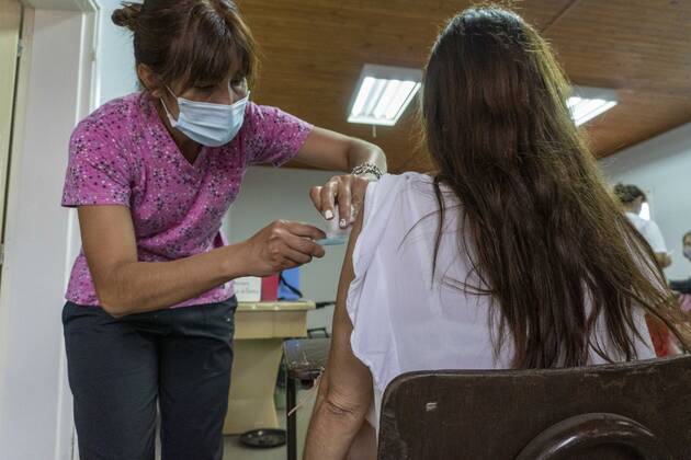 March 9, 2021, Firmat, Santa Fe, Argentina: An education worker receives a shot of the Sinopharm vaccine against COVID-19 inside San Martin Hospital. As the global immunization campaign carries-on, Argentina has now specifically targeted education workers ahead of the return to school. Firmat Argentina - ZUMAm105 20210309_zaf_m105_010 Copyright: xPatricioxMurphyx