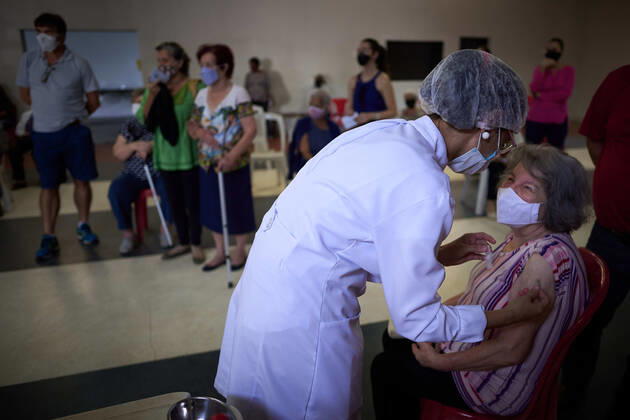 March 10, 2021, Franca, Sao Paulo, Brazil: Elderly between 85 and 89 years old receive the second dose of the vaccine against covid-19 in Franca, Sao Paulo, Brazil, on March 10, 2021. Franca Brazil - ZUMAv129 20210310_znp_v129_017 Copyright: xIgorxDoxValex