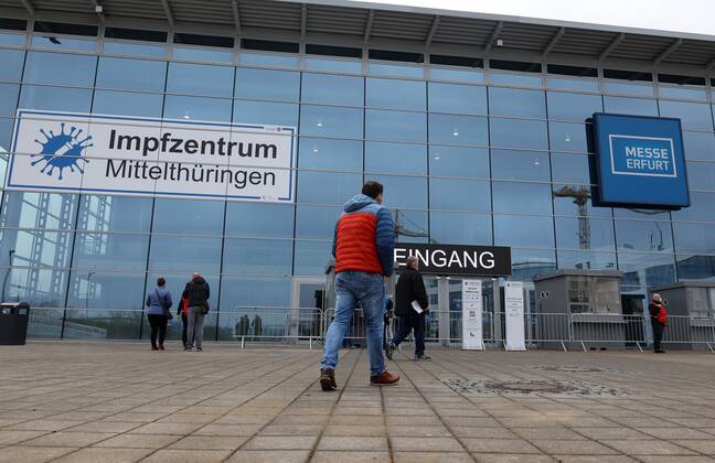 Erfurt - Eröffnung Impfzentrum 10.03.2021 , Erfurt, Messehalle, Impfzentrum Mittelthüringen, Eröffnung des Impfzentrums im Bild: Eingangsbereich des Impfzentrums