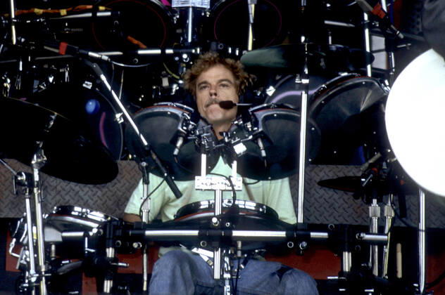 Frank Beard von ZZ Top beim Soundcheck zum Konzert der Recycler World Tour in der Milton Keynes Bowl. Milton Keynes, 06.07.1991