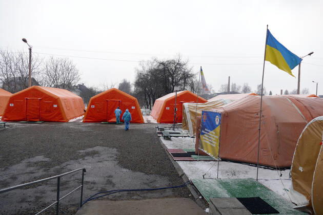 BOHORODCHANY, UKRAINE - MARCH 10, 2021 - The mobile hospital of the Rapid Response Centre of the State Emergency Service set up outside the Bohorodchany Central District Hospital starts admitting first COVID-19 patients, Bohorodchany urban-type settlement, Ivano-Frankivsk Region, western Ukraine. Mobile hospital of State Emergency Service in Bohorodchany  Copyright: xYuriixRylchukx
