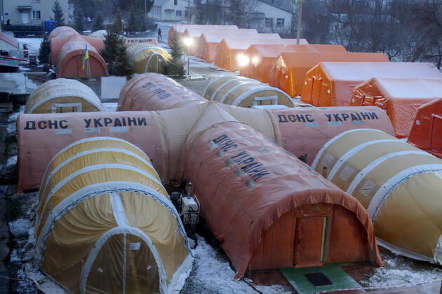 BOHORODCHANY, UKRAINE - MARCH 10, 2021 - The mobile hospital of the Rapid Response Centre of the State Emergency Service set up outside the Bohorodchany Central District Hospital starts admitting first COVID-19 patients, Bohorodchany urban-type settlement, Ivano-Frankivsk Region, western Ukraine. Mobile hospital of State Emergency Service in Bohorodchany  Copyright: xYuriixRylchukx