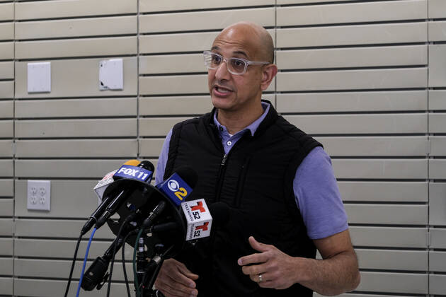 March 11, 2021, Los Angeles, California, USA: California Health and Human Services Secretary Dr. Mark Ghaly speaks to media after receiving the new one-shot Johnson & Johnson COVID-19 vaccine at a vaccination event at Baldwin Hills Crenshaw Plaza in Los Angeles on March 11, 2021. The event was hosted by the California Department of Public Health and FEMA (Federal Emergency Management Agency). The Johnson & Johnson vaccine is now the third coronavirus vaccine to receive emergency approval for use in the United States. Los Angeles USA - ZUMAc68_ 20210311_zaf_c68_008 Copyright: xRingoxChiux