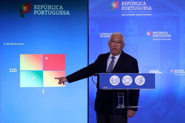 (210312) -- LISBON, March 12, 2021 -- Portuguese Prime Minister Antonio Costa holds a press conference to announce the plan to gradually ease COVID-19 lockdown at the Ajuda National Palace in Lisbon, Portugal, on March 11, 2021. Portuguese Prime Minister Antonio Costa announced on Thursday the country s schedule of reopening after more than two months of lockdown to contain the COVID-19 pandemic, pledging that it will be a prudent, cautious and gradual reopening. (Photo by Xinhua) PORTUGAL-LISBON-PM-PRESS CONFERENCE-COVID-19 PedroxFiuza 