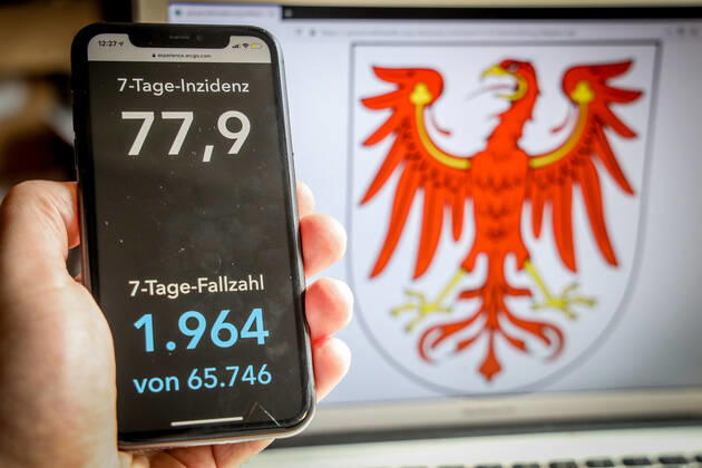 Coronavirus in Deutschland - Covid-19-Dashboard des Robert Koch-Institut DEU, Deutschland, Brandenburg, 14.03.2021: Die 7-Tage-Inzidenz für das Bundesland (Fälle letzte 7 Tage 100.000 EW) wird auf einem iPhone angezeigt, im Hintergrund das Landeswappen