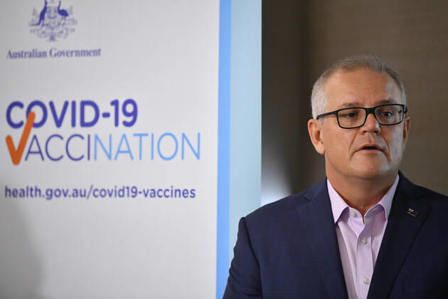 SCOTT MORRISON COVID19 VACCINATION, Australian Prime Minister Scott Morrison speaks to media after receiving his second COVID-19 vaccination during a visit to Castle Hill Medical Centre in Sydney, Sunday, March 14, 2021. ( NO ARCHIVING, EDITORIAL USE ONLY, NO USE IN BOOKS WITHOUT CONSENT SYDNEY NSW AUSTRALIA Copyright: xJOELxCARRETTx 20210314001527239438