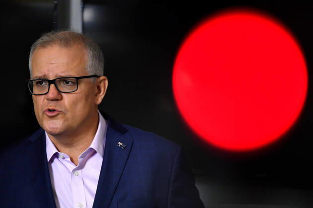 SCOTT MORRISON COVID19 VACCINATION, Australian Prime Minister Scott Morrison speaks to media after receiving his second COVID-19 vaccination during a visit to Castle Hill Medical Centre in Sydney, Sunday, March 14, 2021. ( NO ARCHIVING, EDITORIAL USE ONLY, NO USE IN BOOKS WITHOUT CONSENT SYDNEY NSW AUSTRALIA Copyright: xJOELxCARRETTx 20210314001527239479