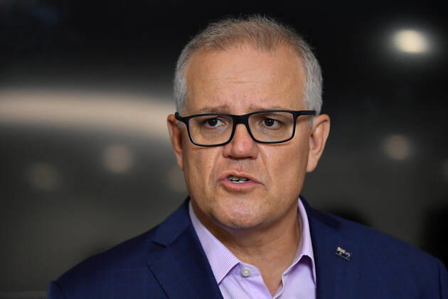 SCOTT MORRISON COVID19 VACCINATION, Australian Prime Minister Scott Morrison speaks to media after receiving his second COVID-19 vaccination during a visit to Castle Hill Medical Centre in Sydney, Sunday, March 14, 2021. ( NO ARCHIVING, EDITORIAL USE ONLY, NO USE IN BOOKS WITHOUT CONSENT SYDNEY NSW AUSTRALIA Copyright: xJOELxCARRETTx 20210314001527239724
