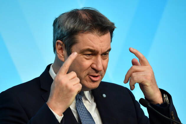 Markus SOEDER (Ministerpraesident Bayern und CSU Vorsitzender),Gestik, Einzelbild,angeschnittenes Einzelmotiv,Portraet,Portrait,Porträt. Pressekonferenz der Bayerischen Staatsregierung nach Kabinettssitzung am 16.03.2021 im Prinz Carl Palais in Muenchen.
