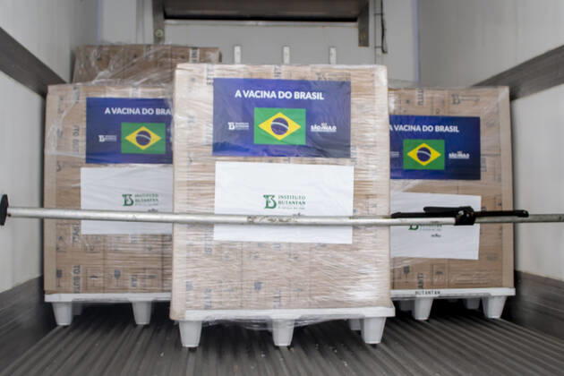 The delivery of CORONAVAC Vaccine to Brazilian Ministry of Health. The delivery of CORONAVAC Vaccine to Brazilian Ministry of Health. March 17, 2021, Sao Paulo, Brazil: The Governor of Sao Paulo, Joao Doria, participates in the delivery of over 2 million doses of Butantan Institute vaccine against coronavirus to the PNI (National Immunization Program) of Brazilian Ministry of Health. With the new shipment, the total number of vaccines offered by Butantan to the PNI reaches 22.6 million doses since the beginning of deliveries, on January 17. This week alone, Butantan released more than 5 million doses to the Ministry of Health, at the Butantan Institute (in front of CPV - Vaccine Production Center). The delivery of CORONAVAC Vaccine to Br  Copyright: xLecoxVianax