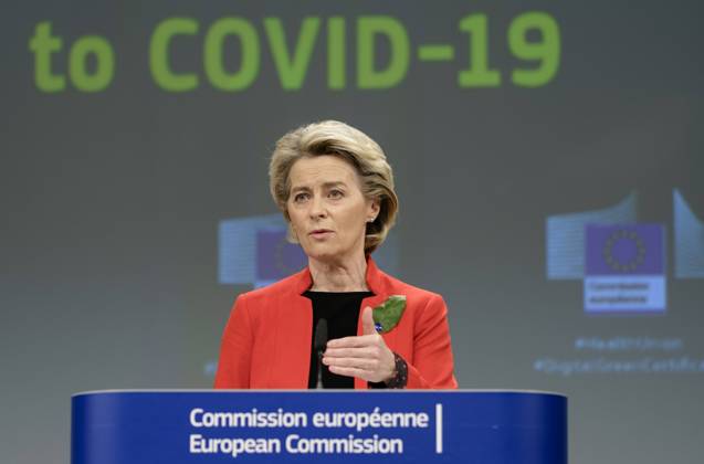 European Commission President Ursula von der Leyen addresses the media about the covid-19 passport at the Berlaymont, the headquarters of the European Commission, on March 17, 2021 in Brussels, Belgium. Today, the European Commission is proposing to create a digital green certificate to facilitate safe and free movement within the EU during the COVID-19 pandemic. The digital green certificate will be proof that a person has been vaccinated against COVID-19, tested negative or recovered from COVID-19. It will be available, free of charge, in digital or paper format. It will include a QR code to ensure the security and authenticity of the certificate.  NicolasxLandemardx xLexPictorium LePictorium_0243223