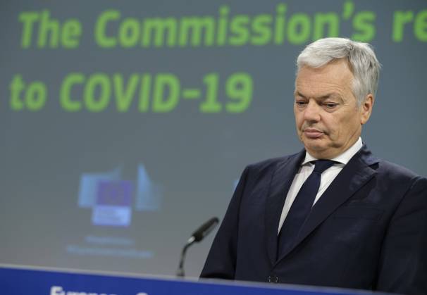 European Commissioner for Justice Didier Reynders speaks to the media about the covid-19 passport at the Berlaymont, the headquarters of the European Commission, on March 17, 2021 in Brussels, Belgium. Today, the European Commission is proposing to create a digital green certificate to facilitate the free and safe movement within the EU during the COVID-19 pandemic. The digital green certificate will be a proof that a person has been vaccinated against COVID-19, has tested negative or has recovered from COVID-19. It will be available, free of charge, in digital or paper format. It will include a QR code to ensure the security and authenticity of the certificate.  NicolasxLandemardx xLexPictorium LePictorium_0243226