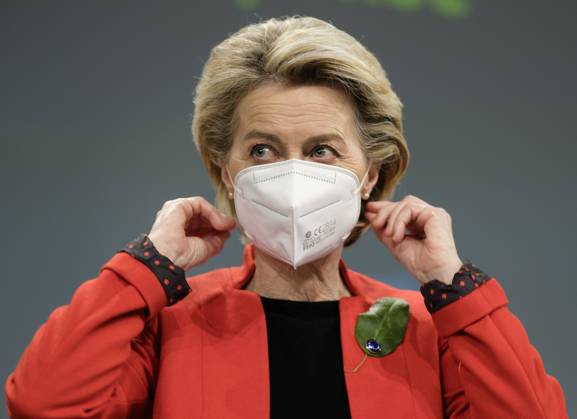 European Commission President Ursula von der Leyen addresses the media about the covid-19 passport at the Berlaymont, the headquarters of the European Commission, on March 17, 2021 in Brussels, Belgium. Today, the European Commission is proposing to create a digital green certificate to facilitate safe and free movement within the EU during the COVID-19 pandemic. The digital green certificate will be proof that a person has been vaccinated against COVID-19, tested negative or recovered from COVID-19. It will be available, free of charge, in digital or paper format. It will include a QR code to ensure the security and authenticity of the certificate.  NicolasxLandemardx xLexPictorium LePictorium_0243227
