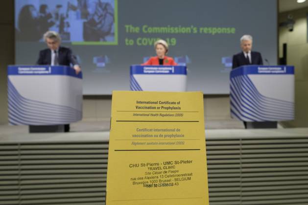 EU Commissioner for Internal Market Thierry Breton (L) the President of the European Commission Ursula von der Leyen (C) and the EU Commissioner for Justice Didier Reynders (R) speak to media about the covid-19 passeport in the Berlaymont, the EU Commission headquarter, on March 17, 2021 in Brussels, Belgium. Today, the European Commission is proposing to create a Digital Green Certificate to facilitate safe free movement inside the EU during the COVID-19 pandemic. The Digital Green Certificate will be a proof that a person has been vaccinated against COVID-19, received a negative test result or recovered from COVID-19. It will be available, free of charge, in digital or paper format. It will include a QR code to ensure security and authent  NicolasxLandemardx xLexPictorium LePictorium_0243229