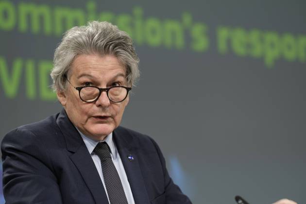 EU Commissioner for Internal Market Thierry Breton speaks to the media about the covid-19 passeport in the Berlaymont, the EU Commission headquarter, on March 17, 2021 in Brussels, Belgium. Today, the European Commission is proposing to create a Digital Green Certificate to facilitate safe free movement inside the EU during the COVID-19 pandemic. The Digital Green Certificate will be a proof that a person has been vaccinated against COVID-19, received a negative test result or recovered from COVID-19. It will be available, free of charge, in digital or paper format. It will include a QR code to ensure security and authenticity of the certificate.  NicolasxLandemardx xLexPictorium LePictorium_0243232