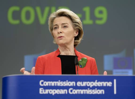 European Commission President Ursula von der Leyen addresses the media about the covid-19 passport at the Berlaymont, the headquarters of the European Commission, on March 17, 2021 in Brussels, Belgium. Today, the European Commission is proposing to create a digital green certificate to facilitate safe and free movement within the EU during the COVID-19 pandemic. The digital green certificate will be proof that a person has been vaccinated against COVID-19, tested negative or recovered from COVID-19. It will be available, free of charge, in digital or paper format. It will include a QR code to ensure the security and authenticity of the certificate.  NicolasxLandemardx xLexPictorium LePictorium_0243234