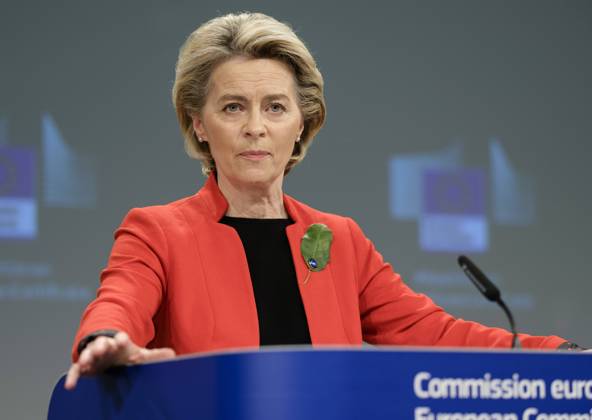 European Commission President Ursula von der Leyen addresses the media about the covid-19 passport at the Berlaymont, the headquarters of the European Commission, on March 17, 2021 in Brussels, Belgium. Today, the European Commission is proposing to create a digital green certificate to facilitate safe and free movement within the EU during the COVID-19 pandemic. The digital green certificate will be proof that a person has been vaccinated against COVID-19, tested negative or recovered from COVID-19. It will be available, free of charge, in digital or paper format. It will include a QR code to ensure the security and authenticity of the certificate.  NicolasxLandemardx xLexPictorium LePictorium_0243237