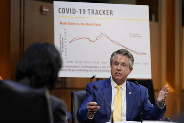 Coronavirus in den USA, Senatsanhörung in Washington Sen. Roger Marshall, R-Kan., speaks during a Senate Health, Education, Labor and Pensions Committee hearing on the federal coronavirus response on Capitol Hill in Washington March 18th, 2021. Pool  WAX20210318822 SusanxWalsh