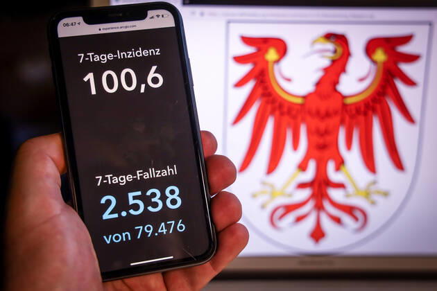 Coronavirus in Deutschland - Covid-19-Dashboard des Robert Koch-Institut DEU, Deutschland, Brandenburg, 19.03.2021: Die 7-Tage-Inzidenz für das Bundesland (Fälle letzte 7 Tage 100.000 EW) wird auf einem iPhone angezeigt, im Hintergrund das Landeswappen