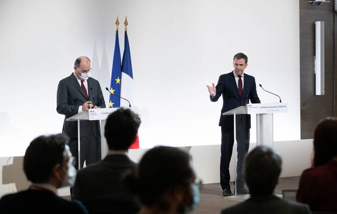 French Prime Minister Jean Castex and French Health and Social Affairs Minister Olivier Veran. French Prime Minister Jean Castex and French Health and Social Affairs Minister Olivier Veran during a press conference on the French government?s current strategy for Covid-19 pandemic. Conference de presse de Jean Castex et Olivier Veran sur la strategie du gouvernement face a la pandemie de covid-19. Paris, FRANCE-18 03 2021 NEWS : Conference de presse du premier ministre et de la ministre de la sante et des affaires sociales sur la strategie du gouvernement face a la pandemie de covid-19 - Paris - 18 03 2021 Pool Panoramic 