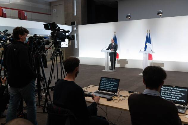 French Prime Minister Jean Castex. French Prime Minister Jean Castex and French Health and Social Affairs Minister Olivier Veran during a press conference on the French government?s current strategy for Covid-19 pandemic. Conference de presse de Jean Castex et Olivier Veran sur la strategie du gouvernement face a la pandemie de covid-19. Paris, FRANCE-18 03 2021 NEWS : Conference de presse du premier ministre et de la ministre de la sante et des affaires sociales sur la strategie du gouvernement face a la pandemie de covid-19 - Paris - 18 03 2021 Pool Panoramic 