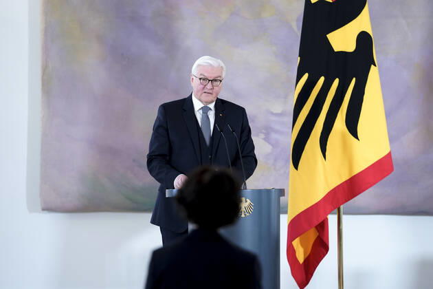 Verleihung des Bundesverdienstkreuz an die Biontech Gruender Aktuell, 19.03.2021, Bundespraesident Frank-Walter Steinmeier bei der Ansprache zur Verleihung des Großen Verdienstkreuzes mit Stern des Verdienstordens der Bundesrepublik Deutschland an die Biontech Gruender im Schloss Bellevue in Berlin Berlin Berlin Deutschland