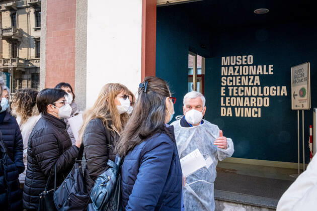 Milan - Astrazeneca vaccine against covid-19. Vaccines to teachers and school staff at the Museum of Science and Technology. Line of people waiting Editorial Usage Only Copyright: xMarcoxPassarox xIPAx