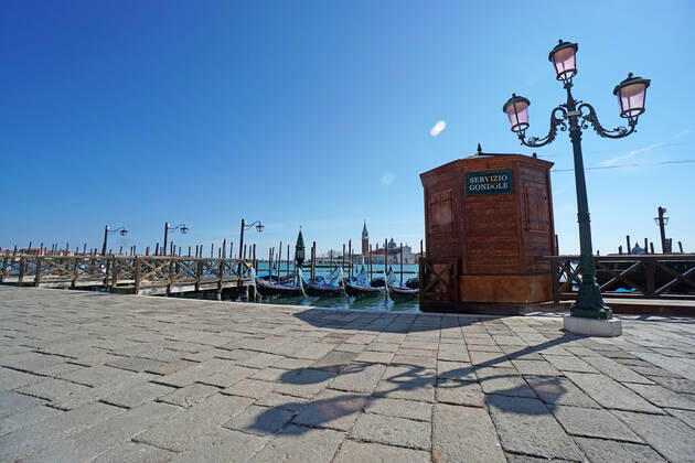 VENICE, LOCKDOWN SECOND SEASON Lockdown second season in Venice, gondola rent service stopped due to covid emergency, in st. Markus pier. Venezia Italy