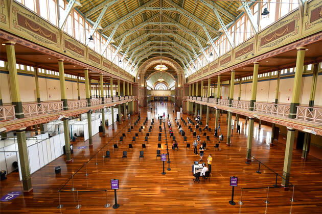 COMMUNITY COVID19 VACCINATION ROLLOUT, A general view of the vaccination centre at the Royal Exhibition building in Melbourne, Monday, March 22, 2021. More than six million Australians are now eligible to receive coronavirus vaccines under a new phase of the national rollout. Phase 1b of the program kicked off across the country on Monday. ( NO ARCHIVING, EDITORIAL USE ONLY, NO USE IN BOOKS WITHOUT CONSENT MELBOURNE VIC AUSTRALIA  Copyright: xJAMESxROSSx 20210322001529290346