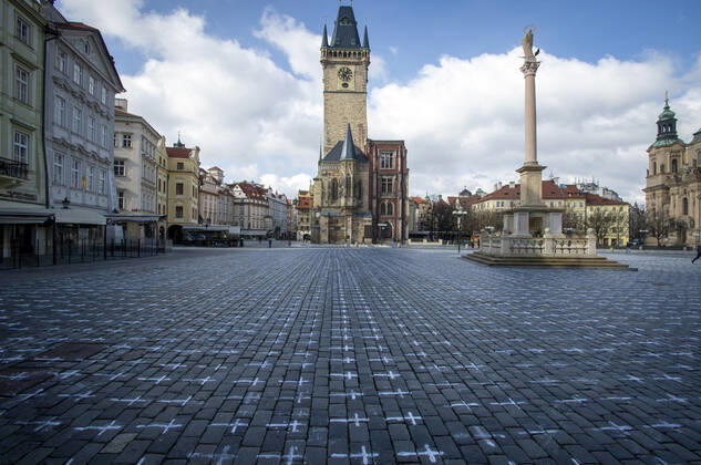 The Million Moments for Democracy civic group honored the memory of those who died with coronavirus by drawing thousands of little crosses at Old Town Square in Prague, Czech Republic, March 22, 2021. The cross should also symbolize the ineffectiveness of the government s COVID combat. (CTKxPhoto KaterinaxSulova) CTKPhotoP202103220321001  suk001