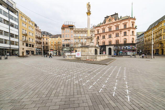 The Million Moments for Democracy civic group honored yesterday the memory of those who died with coronavirus by drawing thousands of little crosses at nam. Svobody Square (Freedom Square) in Brno, Czech Republic, March 23, 2021. The cross should also symbolize the ineffectiveness of the government s COVID combat. (CTKxPhoto FilipxFojtik) CTKPhotoF202103230288901 
