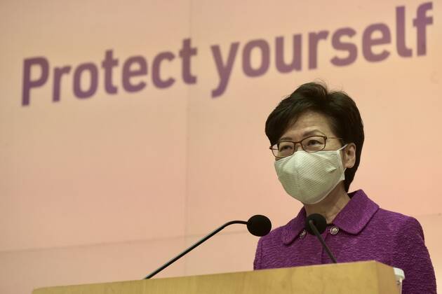 HONG KONG, CHINA - MARCH 23: Hong Kong Chief Executive Carrie Lam Cheng Yuet-ngor wearing a face mask speaks during a news conference on COVID-19 Vaccination Programme on March 23, 2021 in Hong Kong, China.  Copyright: xVCGx CFP111322530176