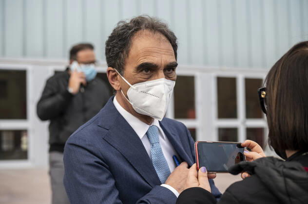 March 26, 2021, Catanzaro, Calabria, Italy: Mayor Sergio Abramo seen during a press release. Lieutenant general, Francesco Paolo Figliuolo, recently appointed as extraordinary commissioner for the COVID-19 emergency, and Fabrizio Curcio, Head of Department of Civil Protection, visited new vaccination hubs in Calabria. In Catanzaro, in the seacoast district â€oeLidoâ€Â, they visited the new Trade Fair Center selected as potential hub. Sergio Abramo, Mayor of Catanzaro, and Antonino Spirlo¬, and temporary Regional Governor, guided them during the visit. The increasing of vaccination hubs is considered a priority, specially considering the rising number of cases within the region. Catanzaro Italy - ZUMAs197 20210326_zaa_s197_142 Copyright: xValeriaxFerrarox