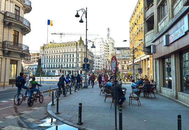 University area near the Old town with restaurants and bars with tourists and local people in Bucharest, Romania on March 27, 2021.
