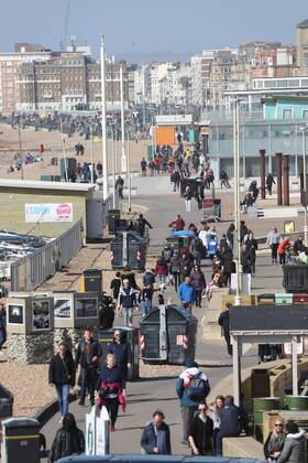 . 29 03 2021. Brighton, United Kingdom. A crowded Brighton beach on Happy Monday - the start of the latest Covid 19 lockdown easing .  xStephenxLockx xi-Imagesx IIM-22085-0022