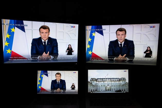 Paris, France, March 31, 2021 - Illustration of the televised address of French President Emmanuel Macron on the health situation.  Copyright: xAlexisxSciardx