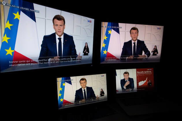 Paris, France, March 31, 2021 - Illustration of the televised address of French President Emmanuel Macron on the health situation.  Copyright: xAlexisxSciardx