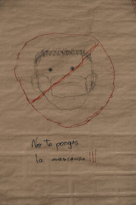 March 31, 2021, Barcelona, Catalonia, Spain: A kid s drawing against the wearing of face masks during the demonstration..Summoned by the platform against the obligation of sanitary masks in minors, El Tercer Grupo, some fifty people have gathered at the doors of the Sant Joan De Deu Children s Hospital to protest the call of the hospital to carry out tests of the covid 19 vaccine on minors. Barcelona Spain - ZUMAs197 20210331_zaa_s197_063 Copyright: xPacoxFreirex