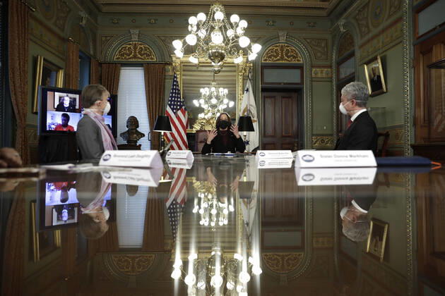 U.S. Vice President Kamala Harris holds a roundtable discussion with faith leaders on their efforts to encourage communities to take the COVID-19 vaccine at the White House on Wednesday, March 31, 2021 in Washington, DC.  WASP20210331011 YurixGripas
