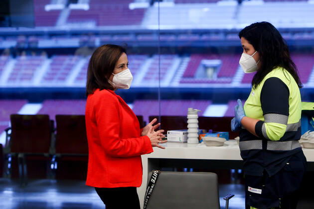 The Minister of Defence, Margarita Robles, goes to be vaccinated against the coronavirus at the Wanda Metropolitano, in Madrid (Spain), on April 1, 2021. Margarita Robles was summoned to be vaccinated this Thursday within the health plan of the Community of Madrid, which administers the first dose of the AstraZeneca vaccine to people aged between 60 and 65 years. 01 APRIL 2021 Ricardo Rubio LagenciaEP 04 01 2021 Madrid Madrid Spain Copyright: xRicardoxRubiox 3629336