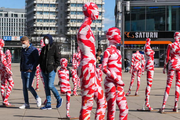(210403) -- BERLIN, April 3, 2021 -- Mannequins wrapped in warning tapes are displayed at the memorial installation It is like it is to show separations caused by the COVID-19 pandemic and call on people to value everything around them more at Alexanderplatz in Berlin, capital of Germany, April 2, 2021. (Photo by Xinhua) GERMANY-BERLIN-MEMORIAL INSTALLATION- IT IS LIKE IT IS StefanxZeitz 