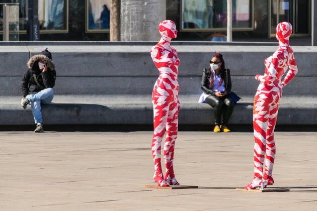 (210403) -- BERLIN, April 3, 2021 -- Mannequins wrapped in warning tapes are displayed at the memorial installation It is like it is to show separations caused by the COVID-19 pandemic and call on people to value everything around them more at Alexanderplatz in Berlin, capital of Germany, April 2, 2021. (Photo by Xinhua) GERMANY-BERLIN-MEMORIAL INSTALLATION- IT IS LIKE IT IS StefanxZeitz 