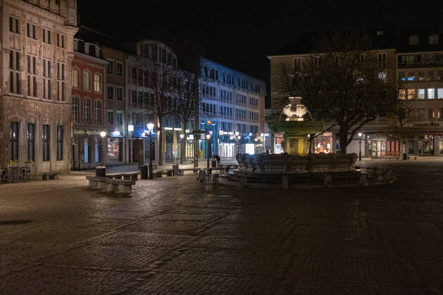 Like an abandoned city. Aachen on Easter vigil between 10 p.m. and 11 p.m. View of the deserted pedestrian zone Am Markt. In Aachen on April 3, 2021. GERMANY - AACHEN - EASTER Easter 2021 Covid Pandemic