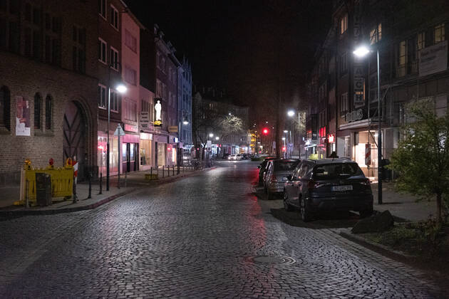 Like an abandoned city. Aachen on Easter vigil between 10 p.m. and 11 p.m. View into the deserted Kleinmarschierstrasse. In Aachen on April 3, 2021. GERMANY - AACHEN - EASTER Easter 2021 Covid Pandemic