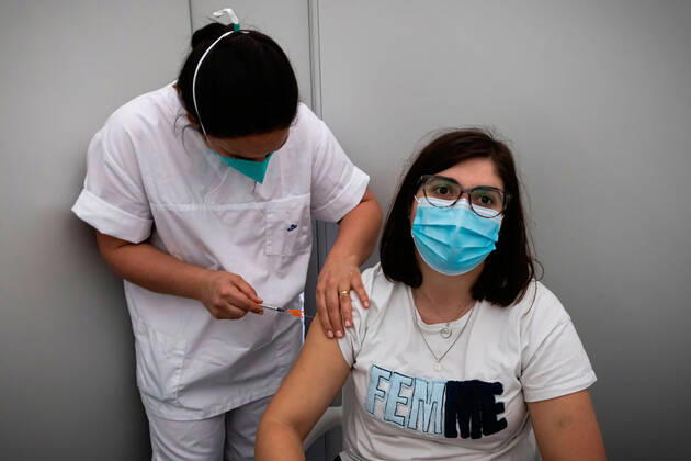 April 17, 2021, Matosinhos, Porto, Portugal: Teacher Fernanda Ribeiro, gets her first shot of the Cominarty vaccine..The nationwide mass vaccination of teachers and school staff started on 17th April in the Matosinhos Vaccination Centre, 1952 people were vaccinated on the first Saturday with Cominarty vaccine produced by Pfizer. Matosinhos Portugal - ZUMAs197 20210417_zaa_s197_261 Copyright: xTeresaxNunesx