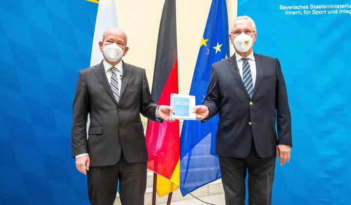 April 19, 2021, Munich, Bavaria, Germany: The Bavarian Verfassungsschutz (Secret Service, Office for the Protection of the Constitution) released the 2020 report detailing threats to the state of Bavaria and the country. Over the past year, conspiracy theorists, new age and wellness extremists, right-extremists, and various enemies of democracy have taken a leading role against the German state and society, with imagery such as the August 2020 storming of the Reichstag and May 2020 3,000 Corona rebels demonstrating at Marienplatz in Munch associated with it. Numerous participants in that storming come from the Bavarian scene and are radicalizing at increasing rates. Munich Germany - ZUMAb160 20210419_zbp_b160_046 Copyright: xSachellexBabbarx